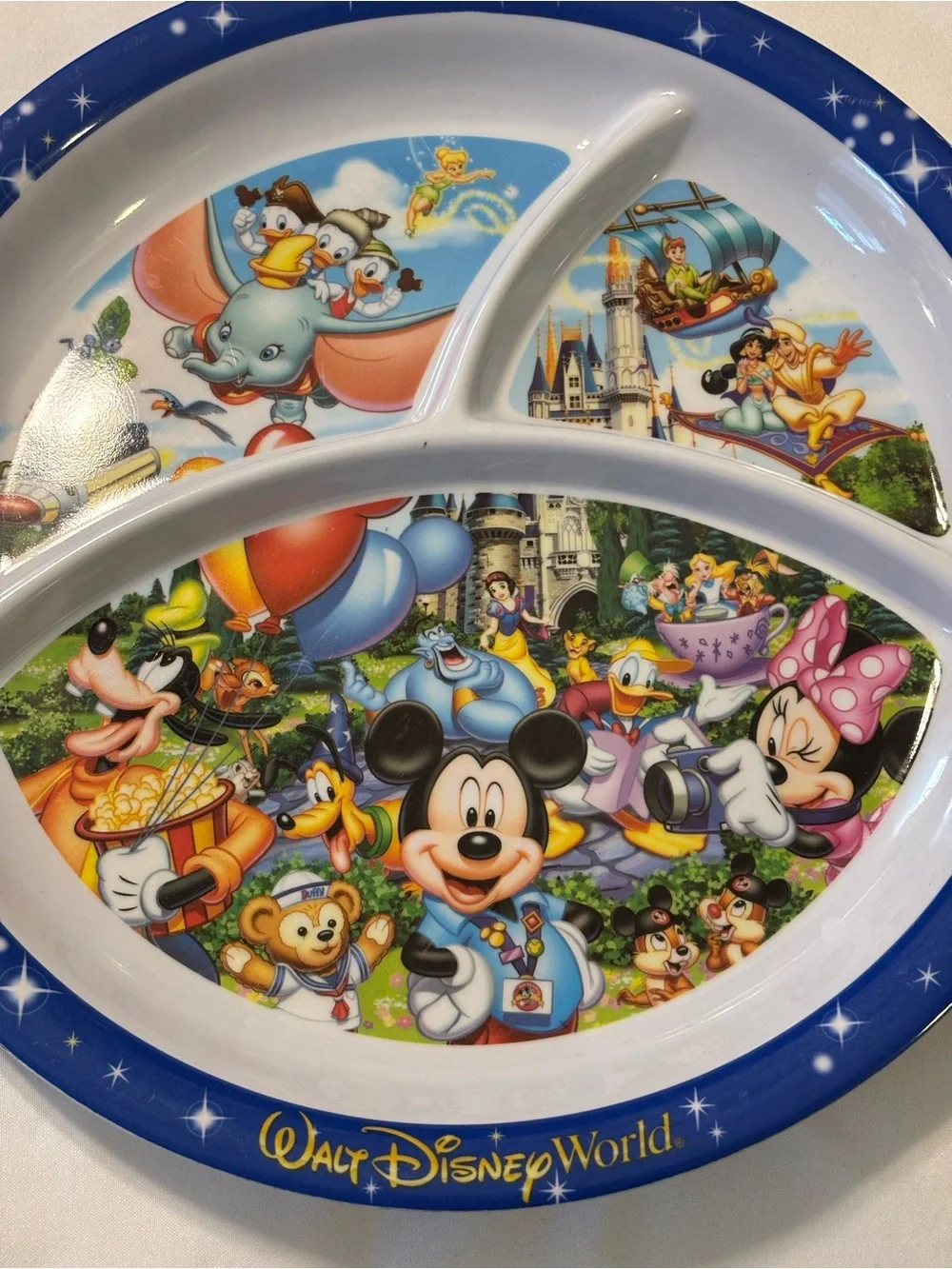 Walt Disney World Blue Divided Kids Dinner Plate with Classic Characters